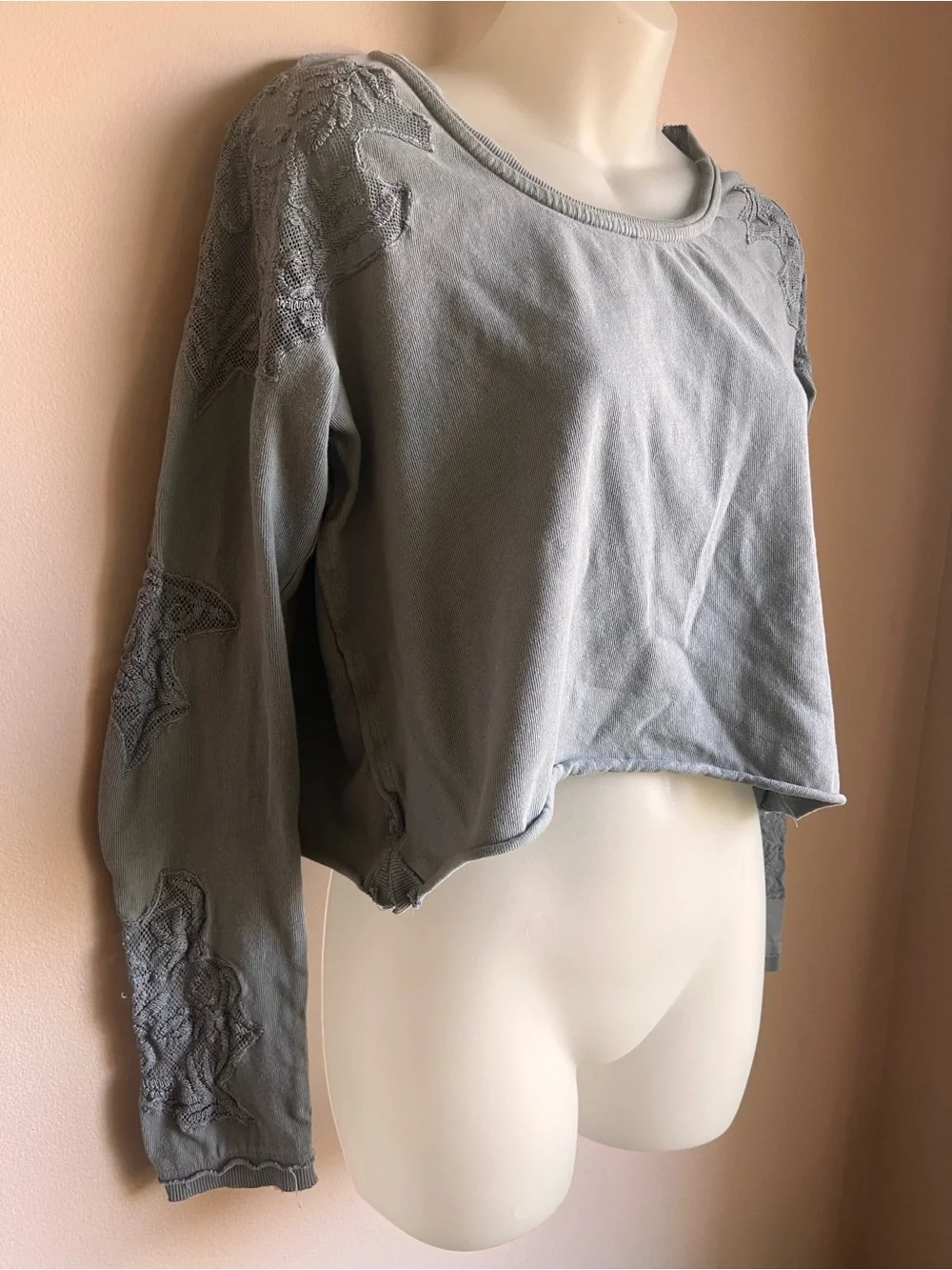 Free People Blue Embroidered Lace Sleeve Detail Crop Sweatshirt L with flaw Boho